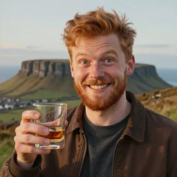 a beautiful painting of a young man with short ginger hair and a beard holding a whisky glass in front of Arthur's Seat with a goofy grin and wide-set eyes, golden hour, realistic, Northern Irish features, trending on artstation
