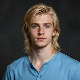 digital portrait of a skinny european male, slightly longer blond hair and a light stubble beard, wearing a light blue shirt, blue eyes, rugged, teenage, fantasy, wizard, trending artstation, dungeons & dragons, relaxed expression, dark lighting, high detail,