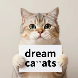 realistic high quality photo of a cute cat holding a sign with text that reads : dream caaats, cats, cat