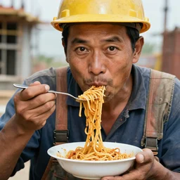 extremely detailed portrait of construction worker, eating spaghetti from a bowl, using fork, lazy eyes, slurping spaghetti, dirty chin, full frame, award winning photo by unknown