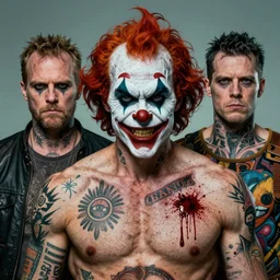 4 k full headshot portrait of tough godlike psychedelic clown from macfarlane comics, ( ( ( smirk ) ) ) detailed vfx tattoos by craig mullins, ilya kuvshinov, indomitable, wild hair, krenz cushart, blood spatter, muscular, symmetry accurate features, epic, artgerm trending on artstation by edward hopper and dan mumford and wlop and rut