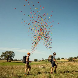 hyperpop art of a bucolic landscape with two hikers shattering into millions of brightly coloured Smarties towards the heavens, cinematic shot