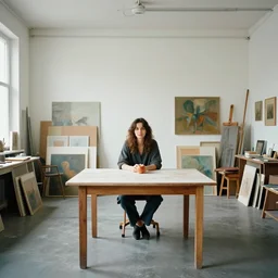 A 10ft by 10ft art studio, an attractive woman is sitting at the table in the middle of the room with an apple on the table, table is centered