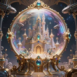 symetrical highly detailed ornate with jewels and precious metals futuristic, sandman kingdom, soap bubble mind, close up in the bg entrance castle kingdom of dreams, space ships, hiperrealistc, global illumination, radiant light, cosmic detailed and intricate environment. art by andreas achenbach
