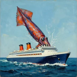 A giant squid destroying a cruise ship in the middle of the ocean, oil painting by Andy Warhol