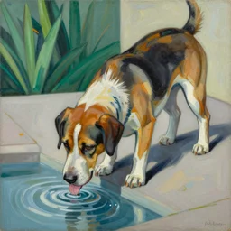picasso style painting of a dog drinking its last drink of water