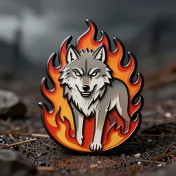 a retro minimalistic angry wolf with blood flame enamel pin, hd, concept art