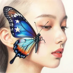 intricate five star butterfly fairy portrait by monica lee, colored pencil on paper, high detail, skin texture, photo realistic, hyperrealism, matte finish, high contrast, 3 d depth, masterpiece, vivid colors, artstationhd