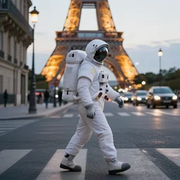 an astronaut crossing the street at lights in paris