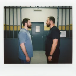 jesus christ squaring off against alex jones in prison, full shot, 1 3 5 film photograph
