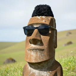 moai statue with sunglasses and black pompadour
