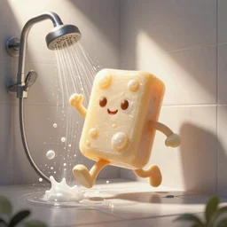 a cartoon of an anthropomorphic bubbling soap bar running out from a shower