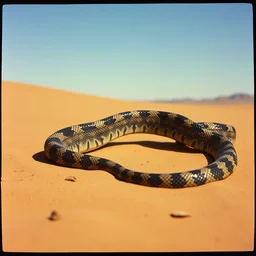 a misteriuos old film photography of a highly intricate patterned snake roaming in a dessert