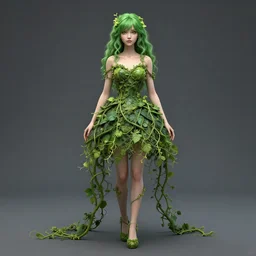 a girl with green hair, wearing a dress made of vines, Full-body plan, ultra detailed, 8k, by Tomasz Alen Kopera and Peter Mohrbacher