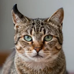 a cat, two horns on his head, photo taken by a nikon, sharp focus, highly detailed, 4 k