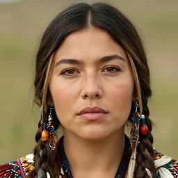 close - up face portrait of mila kunis as a native american