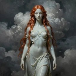 ultra realist and ultra intricate detailed soft painting of a beautiful steampunk porcelain female covered in long drapes,  thin lustrous long auburn hair, symmetry features, sensual gloomy style, volumetric clouds, cinematic, 8k resolution, photorealistic, digital painting, dark atmosphere, artstation, concept art, sharp focus, fantasy background, artstation trending, octane render, unreal engine