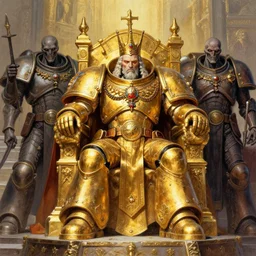 omnious academic drawing of wh40k undead but still regal and kingly Emperor of Mankind sits on his enormous golden throne by James Gurney, Zdislaw Beksinski, Alex Gray, Greg Rutkowski, Robert McCall