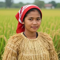 realistic portrait photorealistic, background in the rice fields. indonesian woman in clothes made of rice straw, wearing a red and white bandana. fine art, trending on artstation, smooth draw, sharp focus, good lighting, no anomalies.