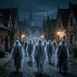 ghostly procession of the undead walks down the streets of the ancient medieval village of barovia, midnight, volumetric lighting, cinematic