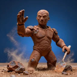 highly detailed photography of a men made of rust clay, burned, rocks, hand gesture, dust particles, dirt, dramatic scene, aesthetic dynamic lighting, masterpiece, by roberto ferri, blue background, high quality, spatula