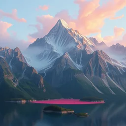a painting of a mountain with a pink lake, a detailed matte painting by christophe vacher, shutterstock contest winner, fantasy art, terragen, matte painting, detailed painting,