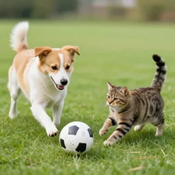 a dog and a cat play football.