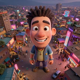 3 d vfx - caricature - art of a bustling - neon lit - ajegunle slum in nigeria, unreal engine render, digital illustration, illustration style by mike winkelmann, sharp, intricate detail, volumetric light, ray tracing, soft light, colourful,, claymation, fish eye lens, drone perspective, acrylic, cinestill 8 0 0 t,
