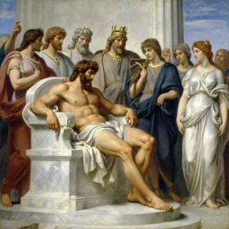 hercules watches achilles while they wait in line to worship at zeus'feet, throne of olympus, heavenly marble, gods and goddesses in elegant clothes, painting by gaston bussiere, craig mullins, j. c. leyendecker, tom of finland, claude monet