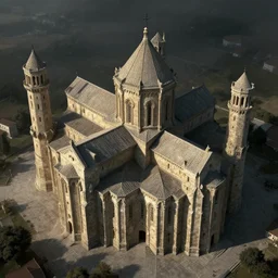 monolithic church, stone hewn, krak de chevalier, epic scale, enormous towers, aerial view, matte painting, dramatic lighting, dark souls, artstation