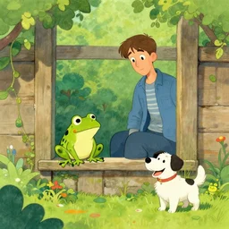 greg and wirt, greg's pet frog, and a happy dog, over the garden wall by patrick mchale,
