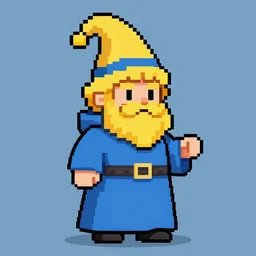 snufkin wizard with a blue robe and yellow hat, curly blond hair and beard, pixel art sprite