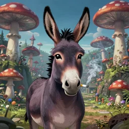 A centered chest up portrait of a psychedelic demonic anthropomorphic mule smoking a hand-rolled cigarette smoking heavily , magic mushroom village in background , award winning. superb resolution. in the art style of junji Ito and greg rutkowski . Mule, Mule. Detailed Mushroom city in background. Hyper realistic anime. Perfect art. Dalle2
