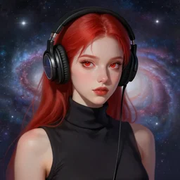 girl with red hair and red eyes wearing headphones, sleeveless turtleneck, with galaxy background. digital painting, by valerian city of a thousand planets, by ruan jin #, by mandy jurgens #, by artgerm #, william - adolphe bouguerea #