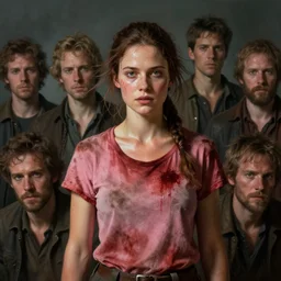 cinematic shot epic portrait an beautiful female survivor wearing a pink bloody t shirt, dirty clothes, brown tied flowing hair, sweaty skin, made by greg rutkowski, jmw turner, marc simonetti, ivan aivazovsky, bowater, charlie, ross tran, artgerm, broad light, ambient occlusion, volumetric light effect, matte painting, trending on artstation, 4 k, perfectly defined features, digital painting, cinematic, epic, highly detailed,