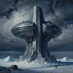 photorealistic surrealist painting of a massive mysterious futuristic colossal structure in an arctic landscape, dramatic cloudy night sky, by max ernst