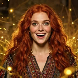 a totally amazed smiling pretty hulk surrounded by golden firefly lights in a mesmerizing scene, fully covering intricate detailed bohemian outfit, long loose red hair, precise linework, accurate green eyes, small nose with freckles, beautiful smooth oval head, expressive emotions, hyper realistic ultrafine portrait by artemisia gentileschi, jessica rossier, greg rutkowski, artgerm