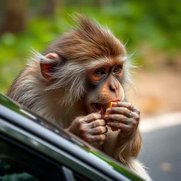 photo of a monkey eating a car
