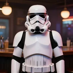 a portrait of a stormtrooper in a 80’s themed bar