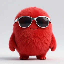 3 d render of completely red hairy friendly antropomorphic creature wearing chrome shades, without nose and small grin, full body, standing on 2 feet, in the style of pixar, white background, unreal engine 5, octane render, highly detailed hdr