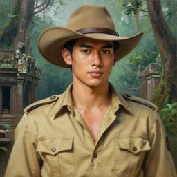 the most famous and smart and handsome thai male model, 3 5 years, dressed as hunter in armed, close - up portrait, with 6 0 s khaki western hat, khaki safari hunter costume, ancient khmer ruin in the rainforest in background, intricate, elegant, loin cloth, highly detailed, oil painting, artstation, concept art, matte, sharp focus, illustration, hearthstone, art by