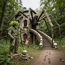 A statue of an old man with foliage growing out of its head next to a building that looks like a giant spider. The building is connected to a bridge made entirely of skulls. There's a spiral staircase leading up the side of the building, and a large skull on each step. A small stone cairn lies in front of the statue with a tattered flag on it. There are two sets of footprints leading away from the cairn, one set of footprints going up the stairs, and another pair heading into the forest.