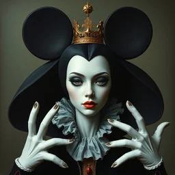 head of a black queen in the shape of mickey mouse, hands with 5 fingers, by tom bagshaw