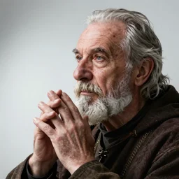 portrait of an old, medieval alchemist in the dark, he is looking into the distance thoughtfully!!. close up, hands near the face, studio lighting bright ambient lighting key light, fantasy, detailed, photorealistic portrait by michael komarck, greg rutkowski, victo ngai, artgerm and j. dickenson