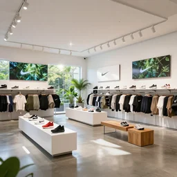 1 8 mm photograph atmospheric, realistic lighting, light bloom sunlight, nature outside, reflections, large nike store. white walls. polished concrete floor. display tables with shoes and clothes. low ceilings with downlights and spots. white corian and oak furniture. large digital screens on walls. verdant plants