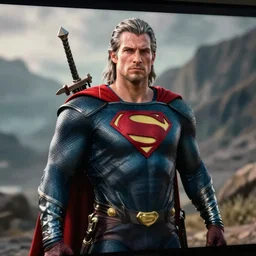 Adam Sanders as medieval Superman, Witcher 3 style, unreal engine, cinematic, game, screen capture, hyper realistic, details, ray tracting, rtx, 4k