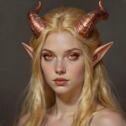 A head-on detailed oil fantasy portrait of a pretty elf woman with subtle copper horns, long blonde hair and bright copper irises, by greg rutkowski and artgerm, trending on artstation, dungeon and dragons art