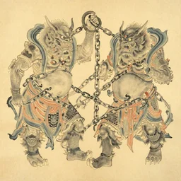 mythical monsters are sealed in chains, traditional chinese ink painting, yellowing paper.