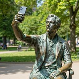 photo still of a bronze statue of a person using an iphone to take a selfie, park on a bright sunny day, 8 k 8 5 mm f 1 6 2 0 0 1