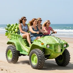 an all - terrain cabbage vehicle, rolling on brussels sprouts wheels, driven by housewives having fun at the beach